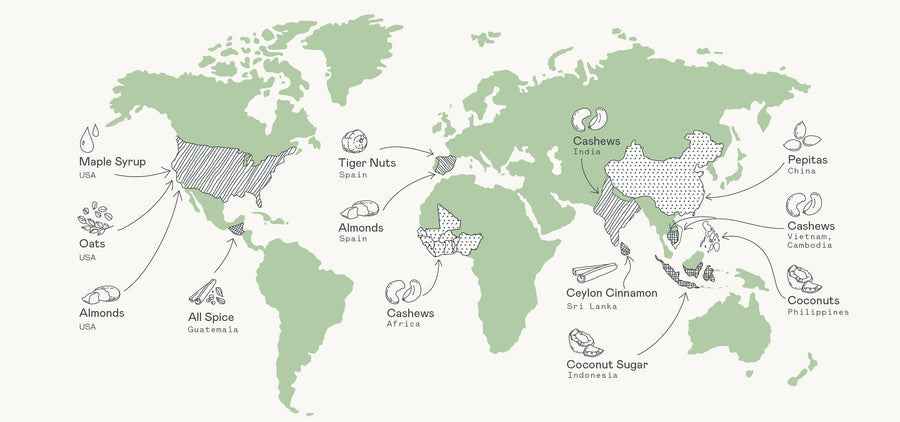 World map displaying locations of ethically sourced nuts used in Milli Mylk plant based milks.